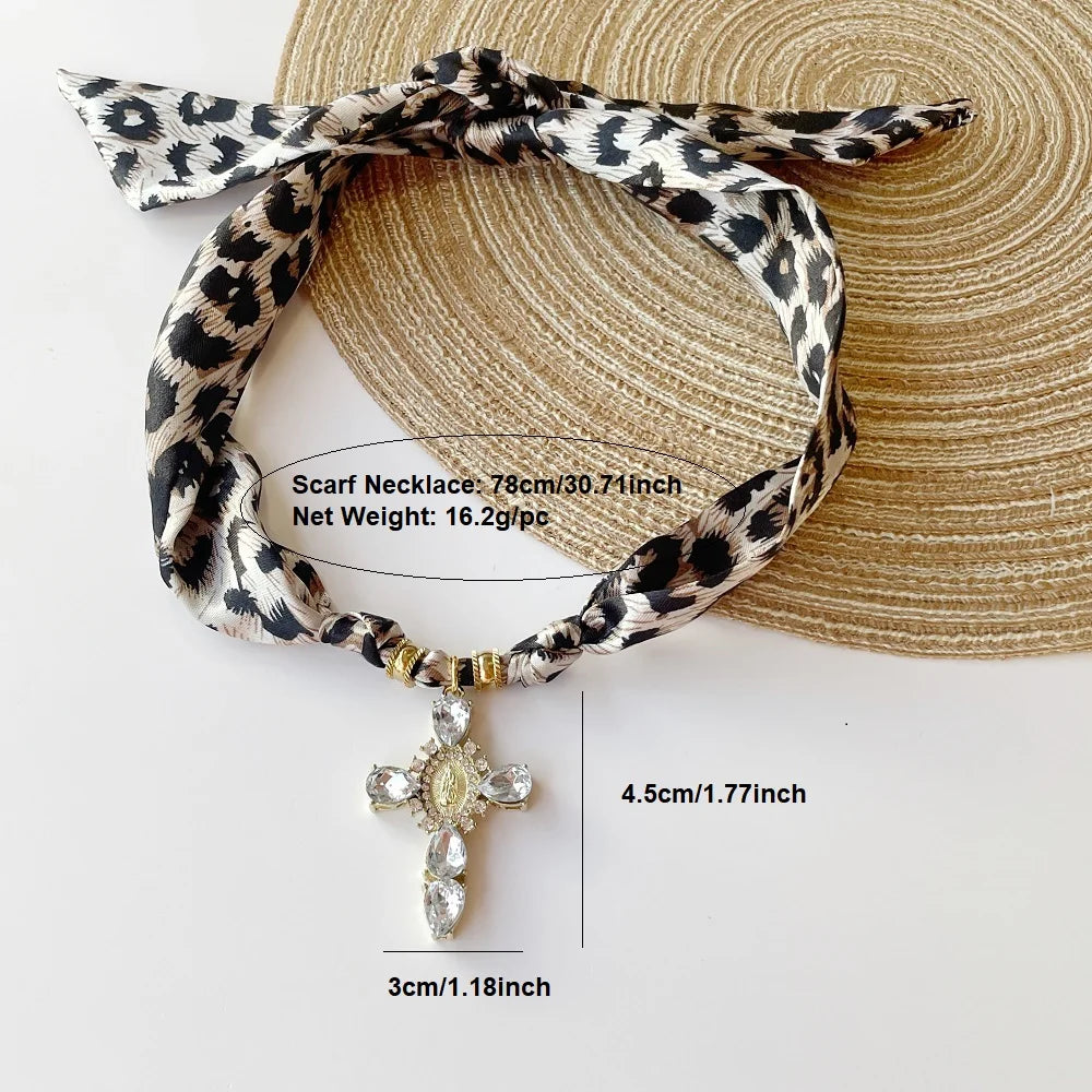 Blue Navy Pink Cross Bandana Necklace Rhinestone Cross with Virgin Mary Medallion & Fashion Adjustable Scarf Chocker