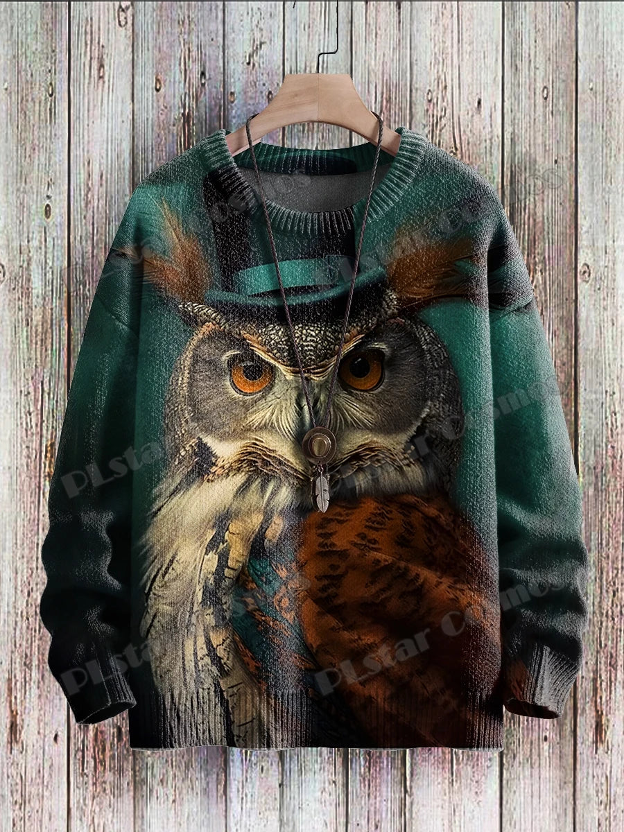 Owl Art Pattern 3D Printed Men's Knitted Pullover Winter