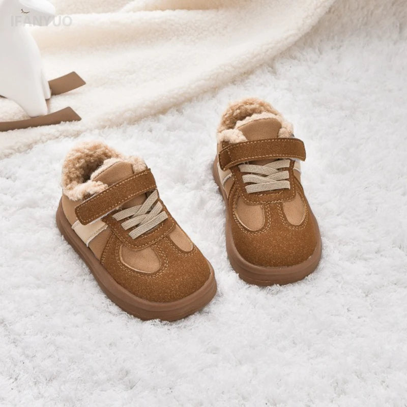 1-8Y Children's Shoes Autumn Winter New Baby Boys Girls Black Cotton Plush Warm Shallow Boots Little Kids Casual Sports Shoes