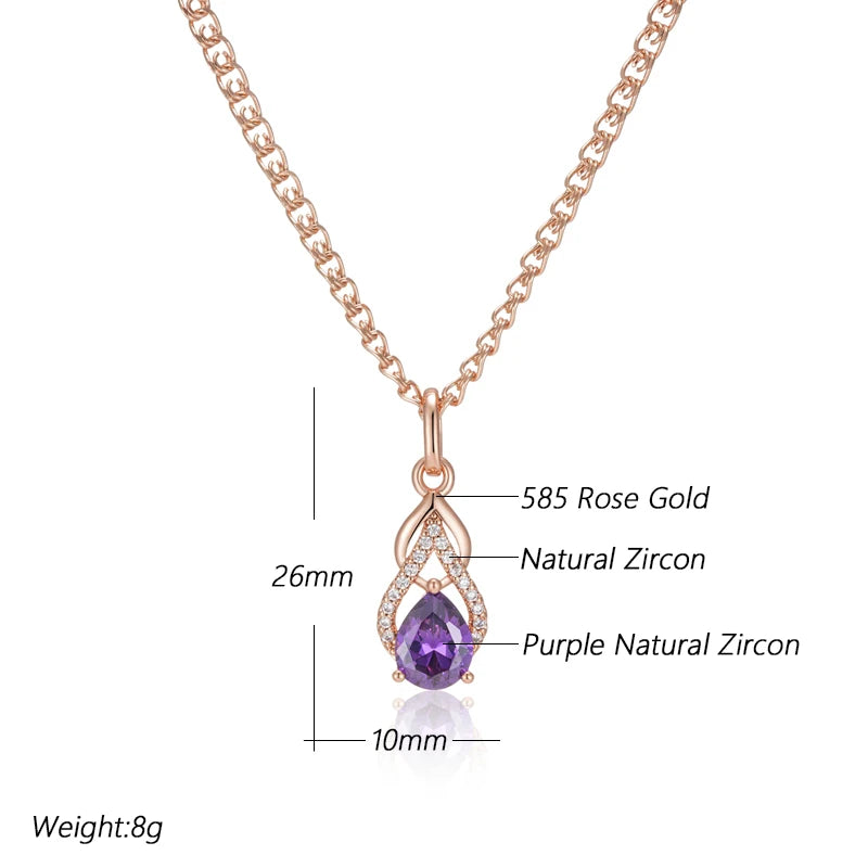 Kinel Sparkling Purple Water Drop Natural Zircon Pendant Necklace for Women 585 Rose Gold Color Vintage Party Fine Daily Jewelry