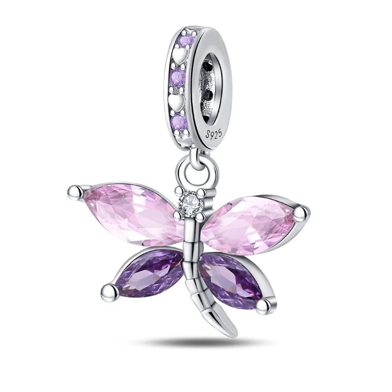 925 Silver Color Gem Butterfly Luminous Firefly Purple Charms Pendants Fit 3mm 925 Original Bracelets DIY Party Jewelry Gift