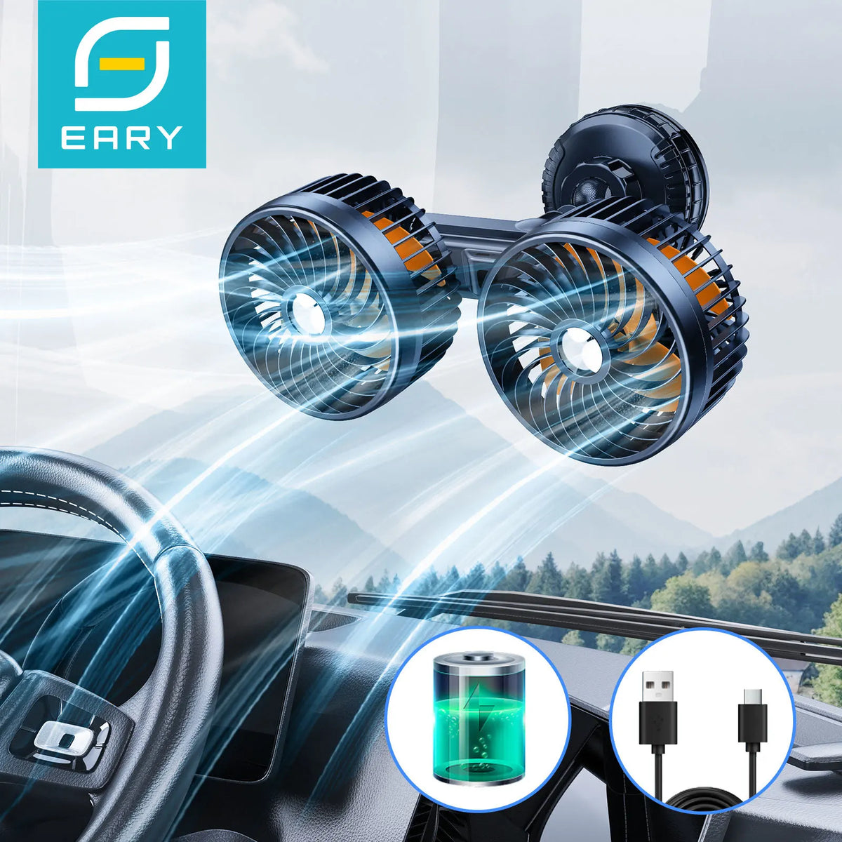 Eary Car Suction Cup Dual-Head Fan 12V/24V 360°Rotatable with 4000mAh Battery 3 Speed Wind Universal Electric for Truck Van Suv