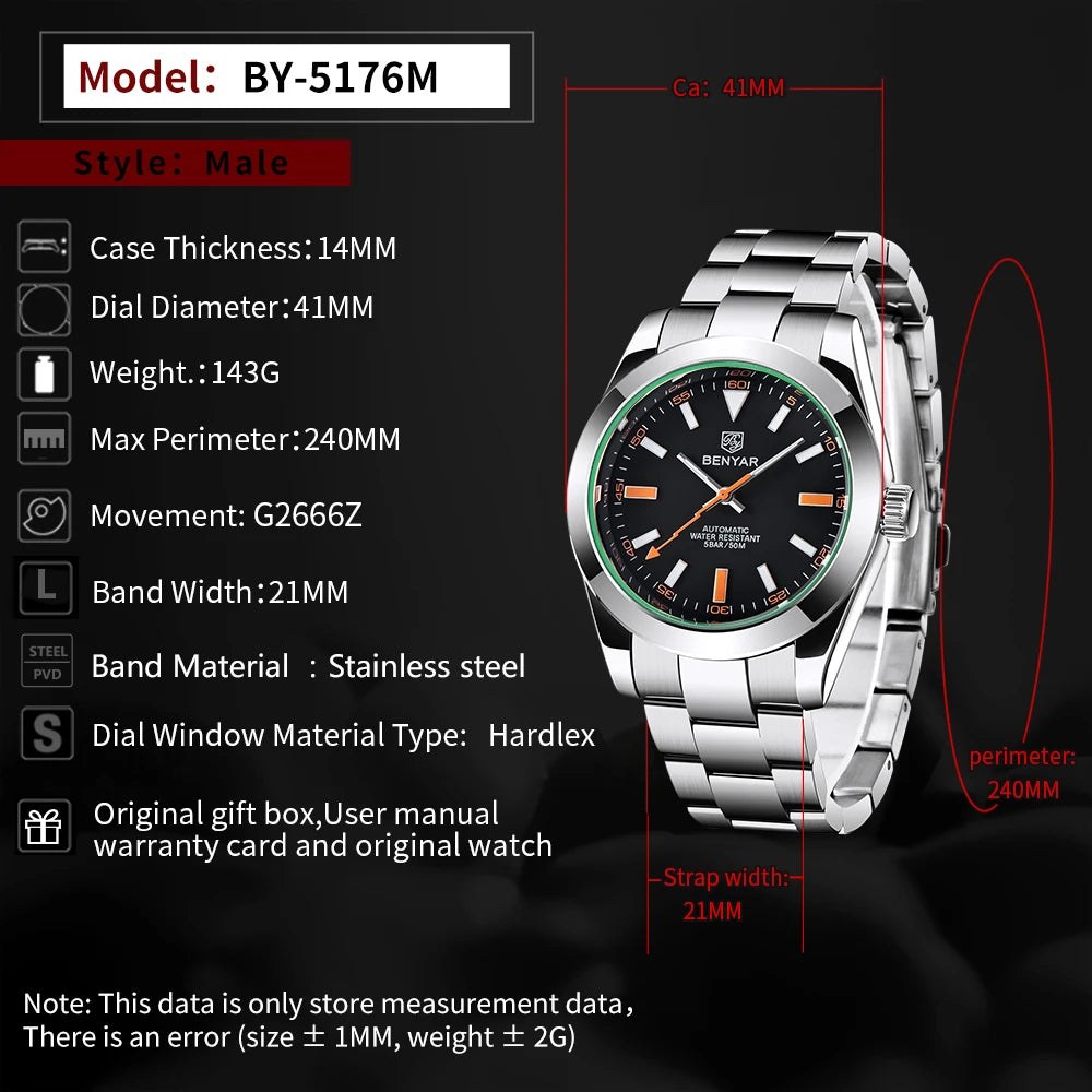 2026 BENYAR mechanical men's watch top business brand men's waterproof automatic sports watch stainless steel relogio masculino