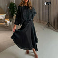 Solid Loose Spliced Folds Dresses For Women O Neck Long Sleeve High Waist Temperament Dress Female Fashion Style