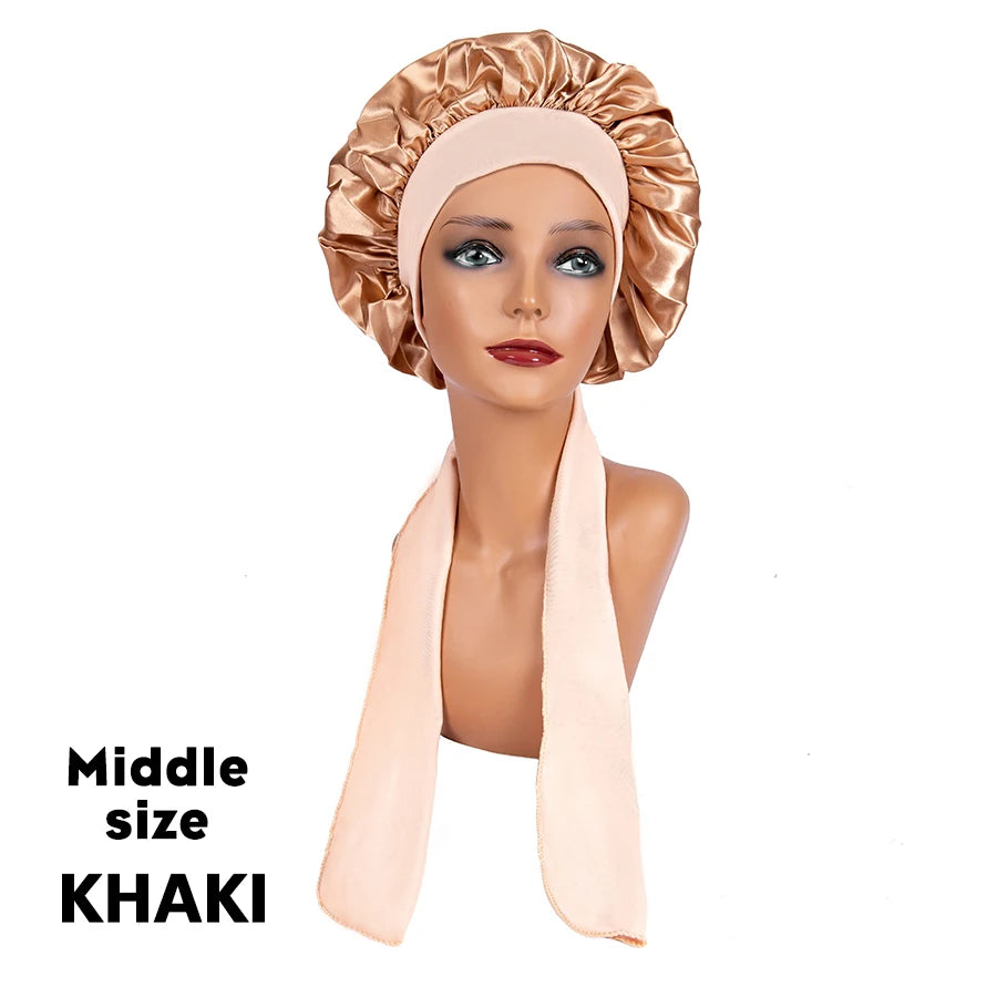 Custom Logo Women'S Satin Bonnet With Wide Stretch Ties Band Long Tail Bonnet Satin Cheveux Nuit Silk Sleeping Night Cap Bonnets