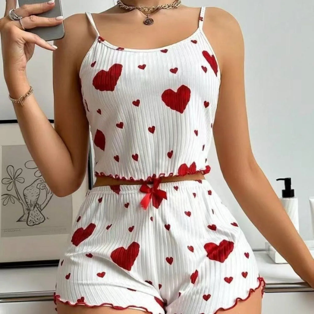 Women's Heart Print Home Clothes Suit Suspender Shorts Casual Female pajamas Lightweight Love 2PCS Sleepwear Fashion Nightwear