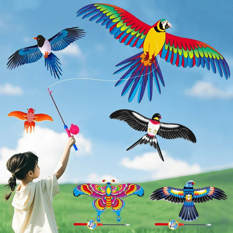 Mini Fishing Rod Kite for Kids Vivid Butterfly Swallow Parrot Easy to Fly Goldfish Kites for Toddler Outdoor Beach Park Beginner