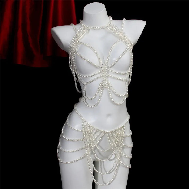 Birthday Party festival Decoration Women's Body Chain Sexy Pearls butterfly  Dresses Bra Nightclub Clothing Accessories