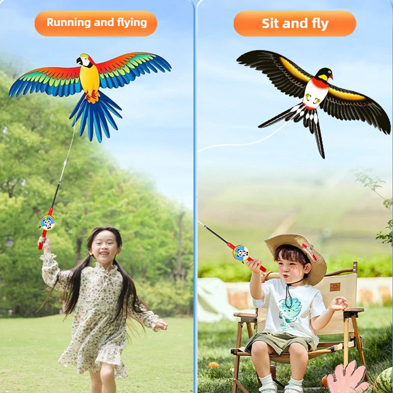 Mini Fishing Rod Kite for Kids Vivid Butterfly Swallow Parrot Easy to Fly Goldfish Kites for Toddler Outdoor Beach Park Beginner