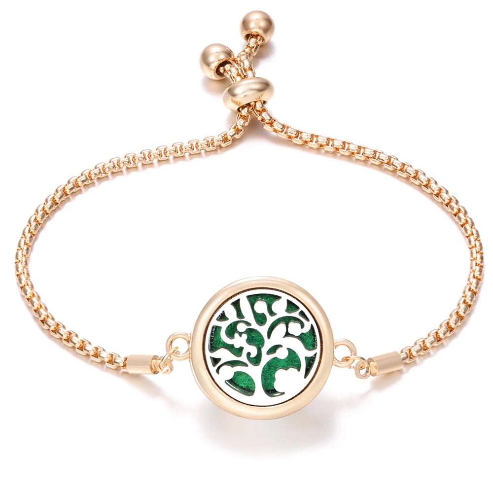 New Trendy Golden Tree of Life Stainless Steel Aromatherapy Bangle Women Essential Oil Diffuser Perfume Lockets Bracelet Jewelry