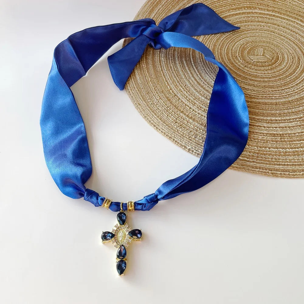 Blue Navy Pink Cross Bandana Necklace Rhinestone Cross with Virgin Mary Medallion & Fashion Adjustable Scarf Chocker