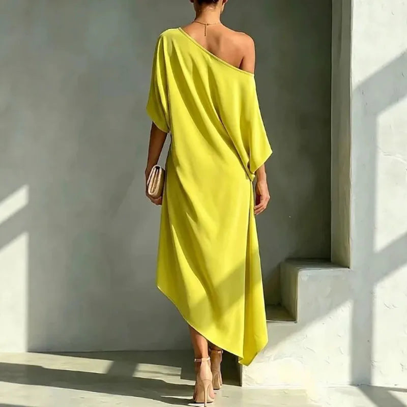 Luxury Women One Cold Shoulder Midi Dresses Loose Solid Draped Knot Waist Irregular Hem Dress Elegant Guest Holiday Formal Dress
