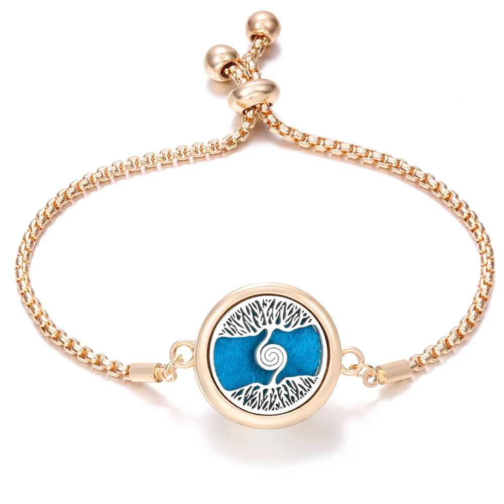 New Trendy Golden Tree of Life Stainless Steel Aromatherapy Bangle Women Essential Oil Diffuser Perfume Lockets Bracelet Jewelry