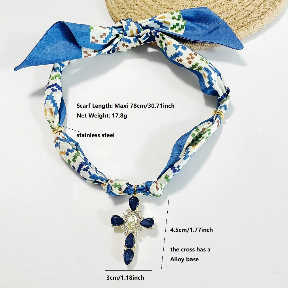 Blue Navy Pink Cross Bandana Necklace Rhinestone Cross with Virgin Mary Medallion & Fashion Adjustable Scarf Chocker