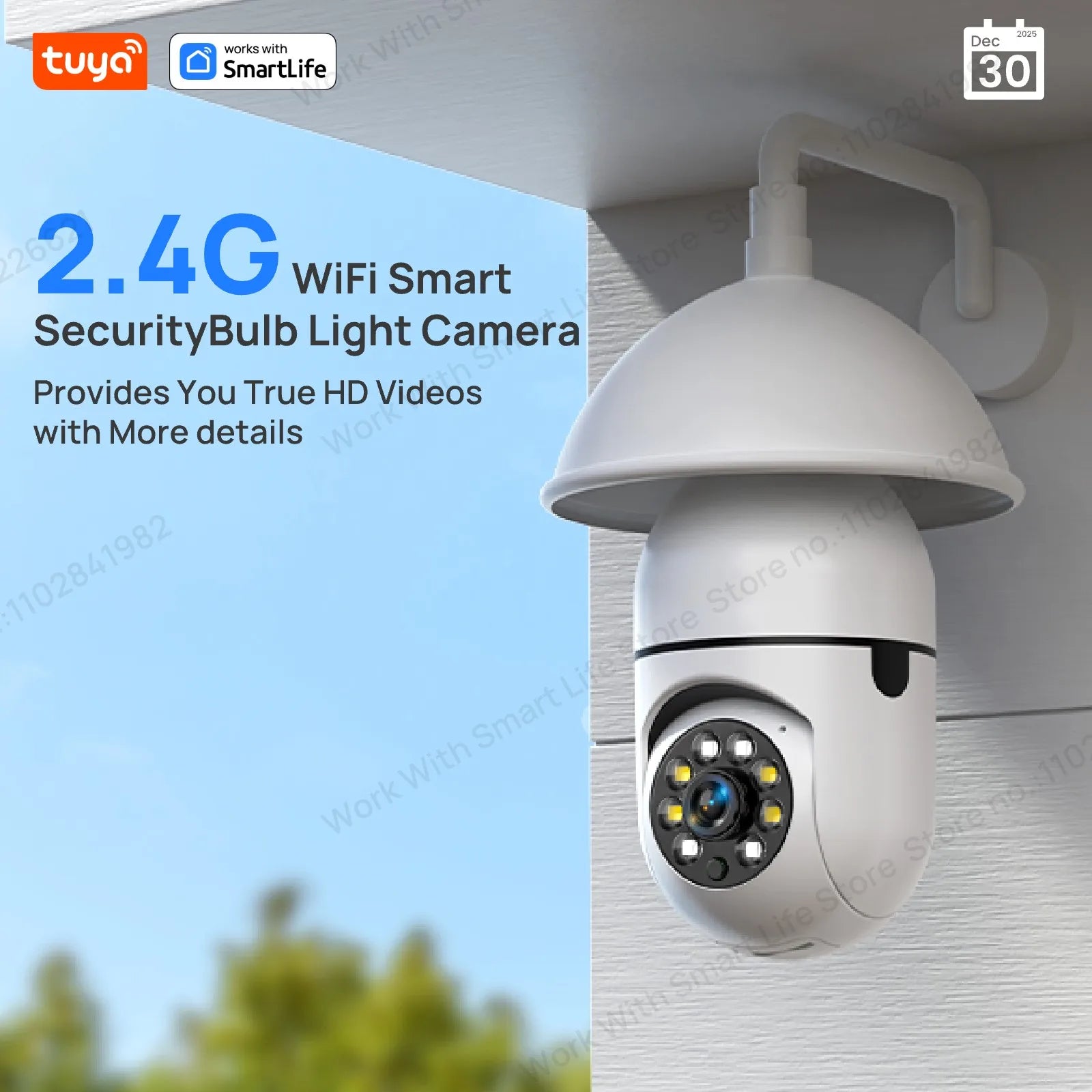 Tuya Smart E27 Security Camera 2.4G 3MP HD for Home,Baby/Elder/Pet Camera 100-240V