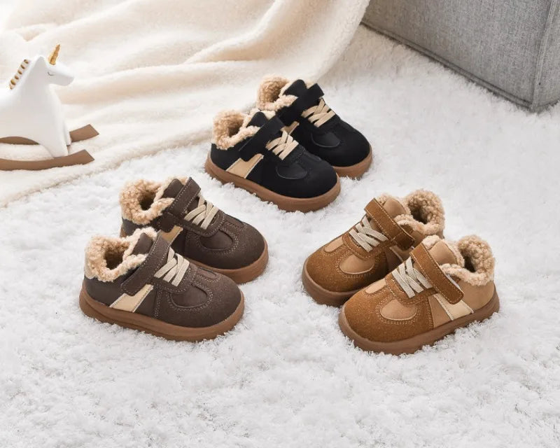 1-8Y Children's Shoes Autumn Winter New Baby Boys Girls Black Cotton Plush Warm Shallow Boots Little Kids Casual Sports Shoes