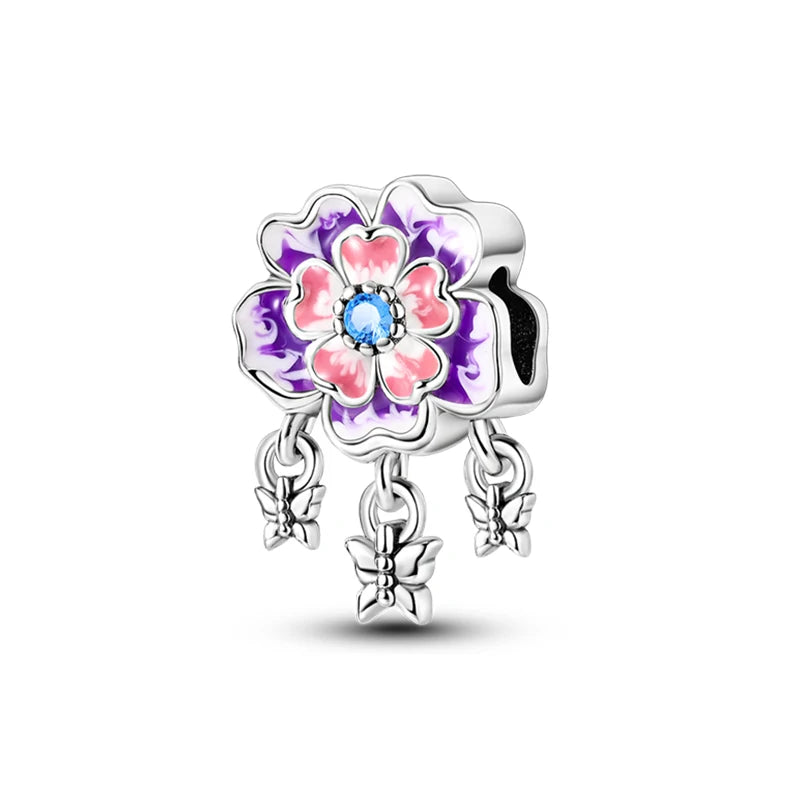 925 Silver Color Gem Butterfly Luminous Firefly Purple Charms Pendants Fit 3mm 925 Original Bracelets DIY Party Jewelry Gift