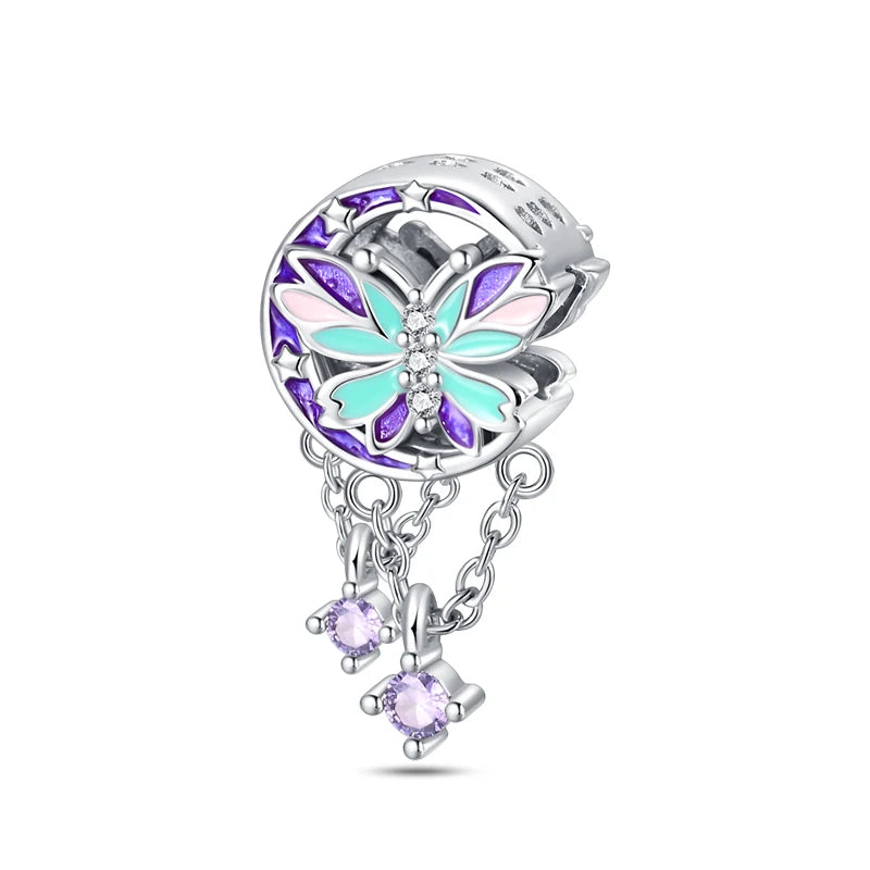 925 Silver Color Gem Butterfly Luminous Firefly Purple Charms Pendants Fit 3mm 925 Original Bracelets DIY Party Jewelry Gift