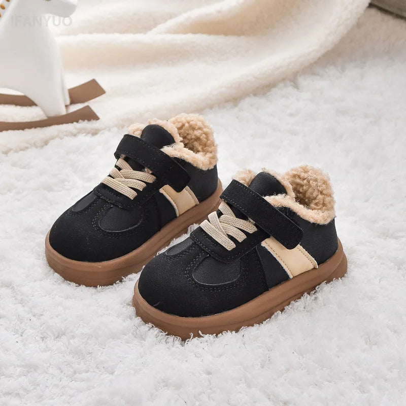 1-8Y Children's Shoes Autumn Winter New Baby Boys Girls Black Cotton Plush Warm Shallow Boots Little Kids Casual Sports Shoes