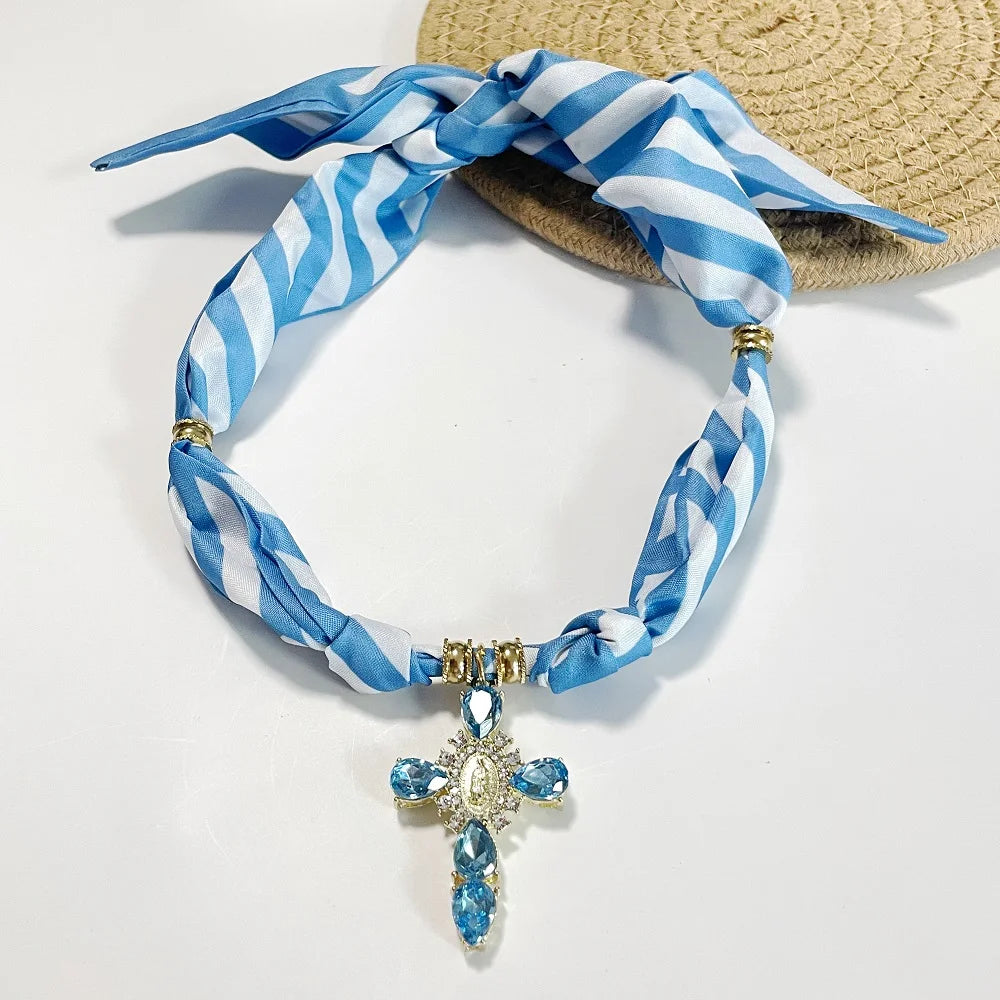 Blue Navy Pink Cross Bandana Necklace Rhinestone Cross with Virgin Mary Medallion & Fashion Adjustable Scarf Chocker
