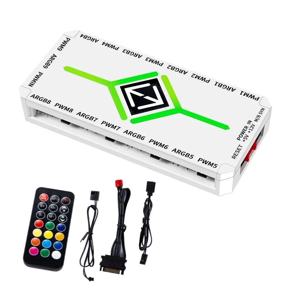 PC Cooling Fan Hub 5V 3 Pin ARGB Controller with PWM Temperature Control for Gaming PC RGB Effects and Wireless Remote Support