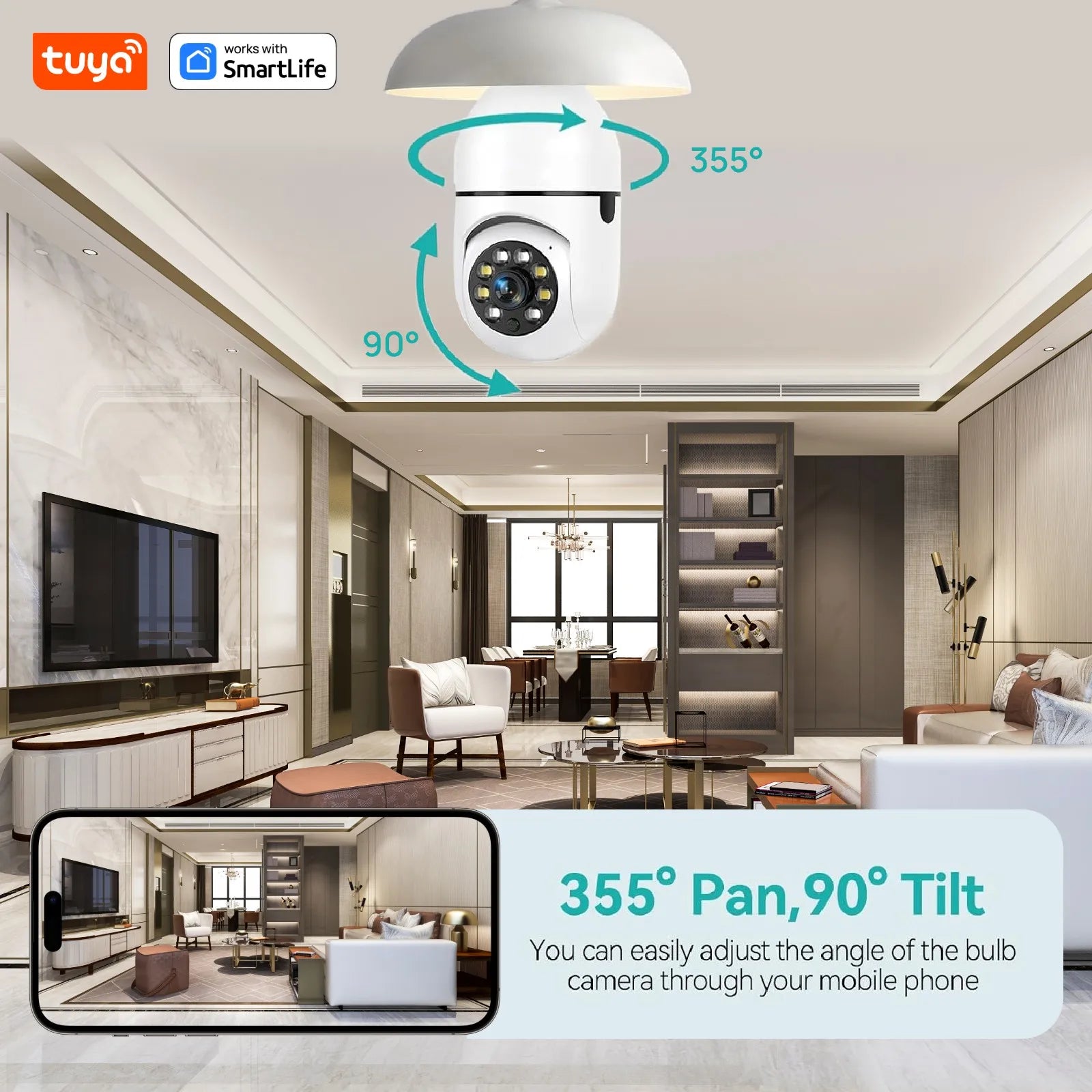 Tuya Smart E27 Security Camera 2.4G 3MP HD for Home,Baby/Elder/Pet Camera 100-240V