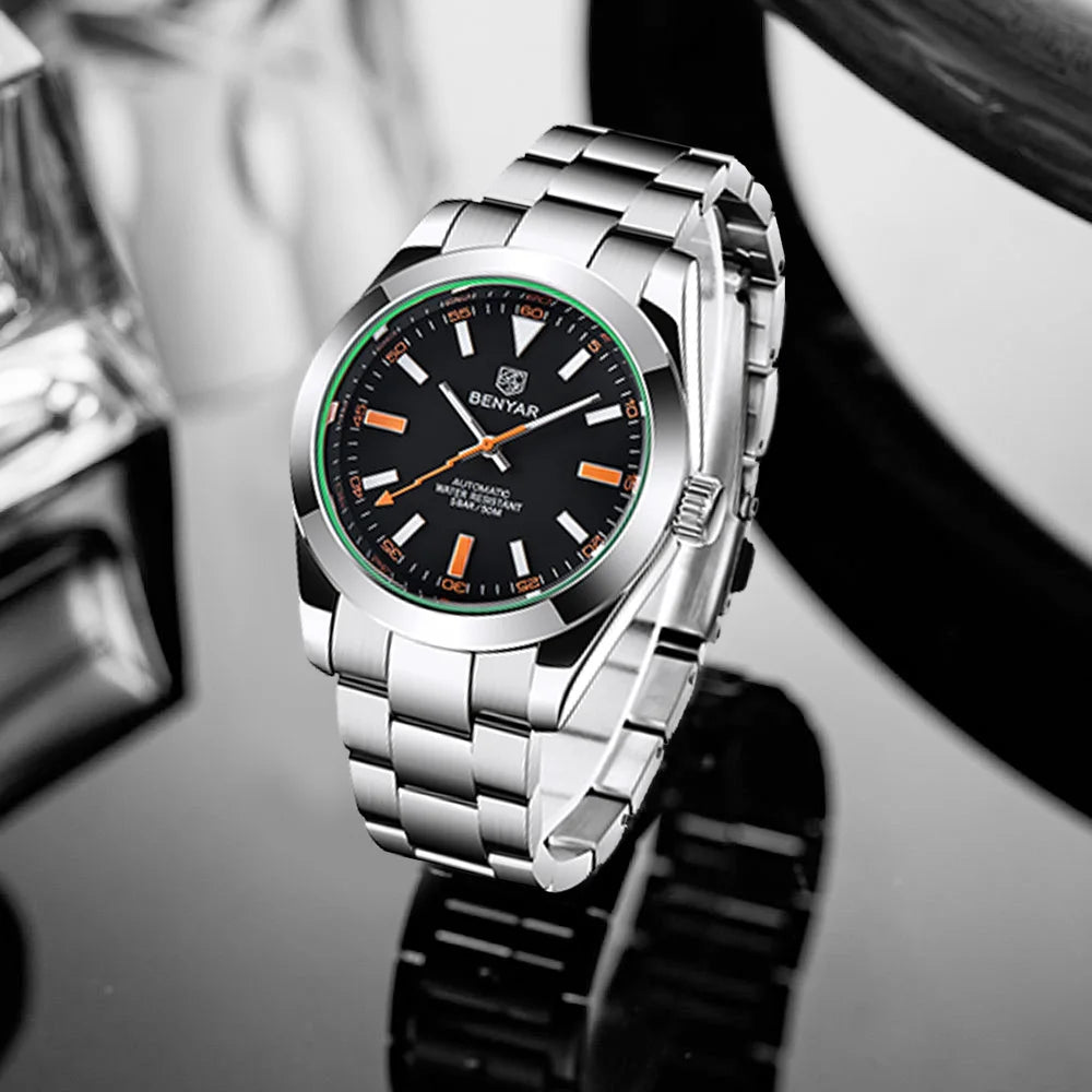 2026 BENYAR mechanical men's watch top business brand men's waterproof automatic sports watch stainless steel relogio masculino