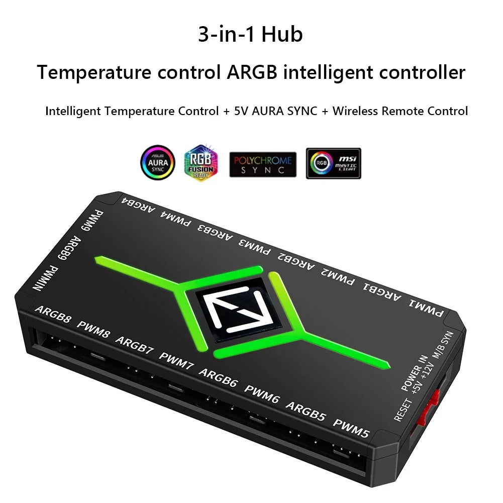 PC Cooling Fan Hub 5V 3 Pin ARGB Controller with PWM Temperature Control for Gaming PC RGB Effects and Wireless Remote Support