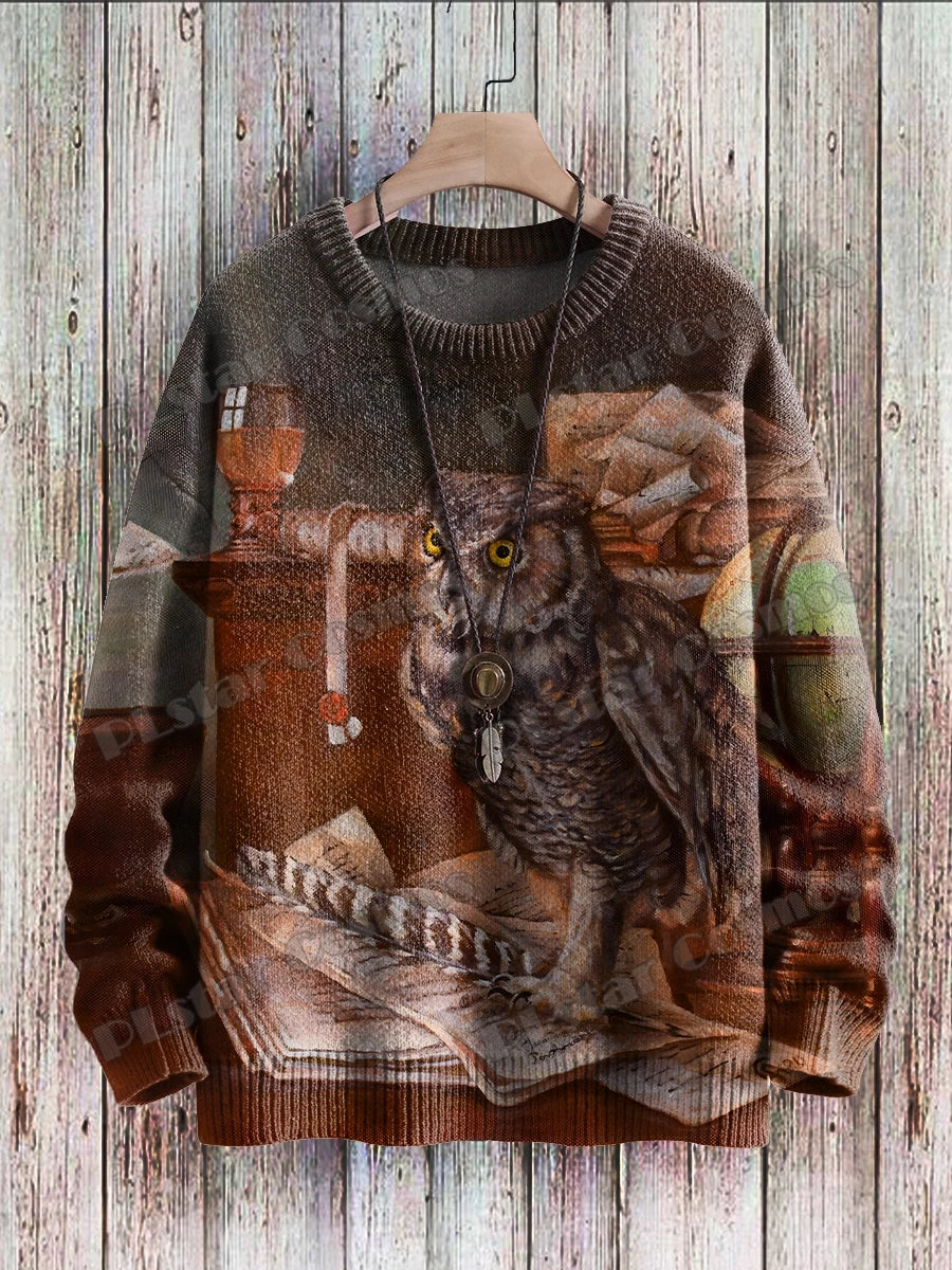 Owl Art Pattern 3D Printed Men's Knitted Pullover Winter