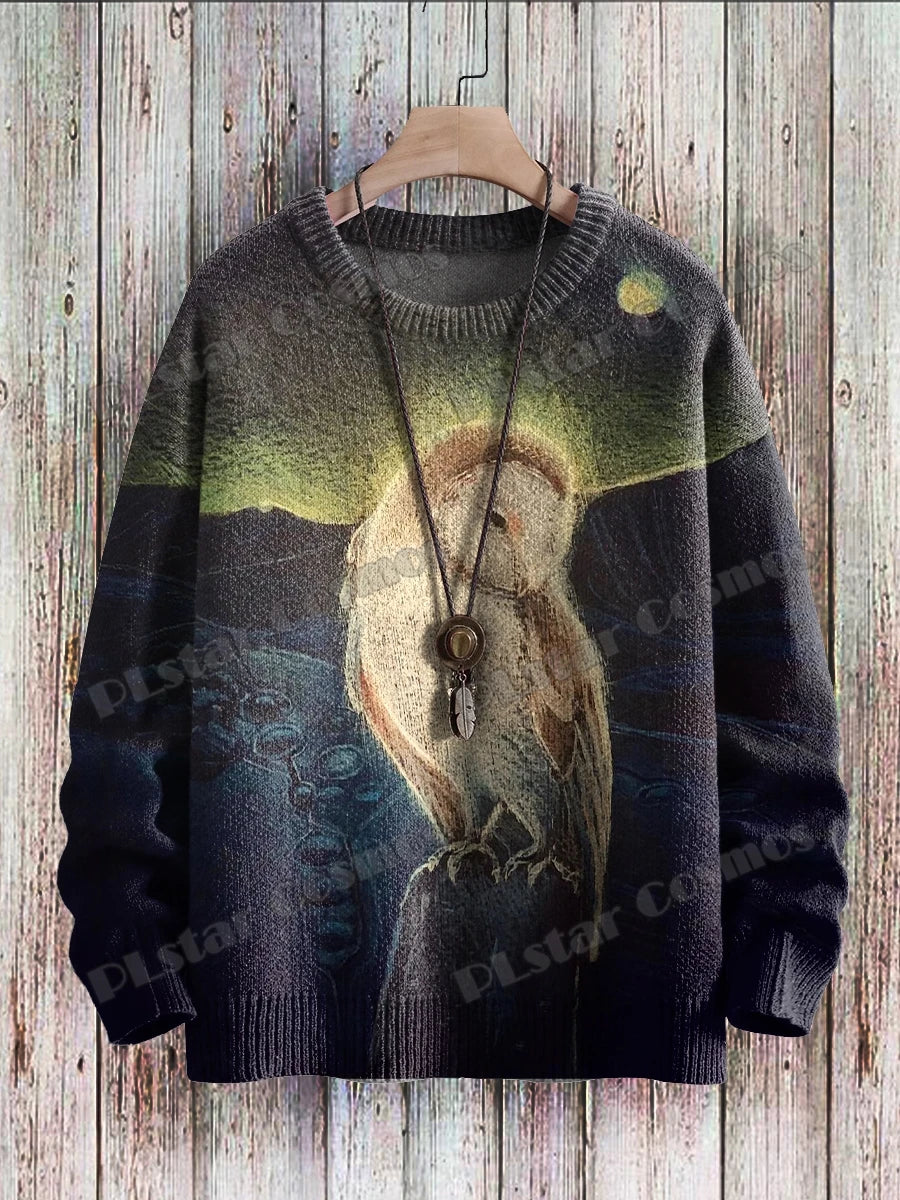 Owl Art Pattern 3D Printed Men's Knitted Pullover Winter