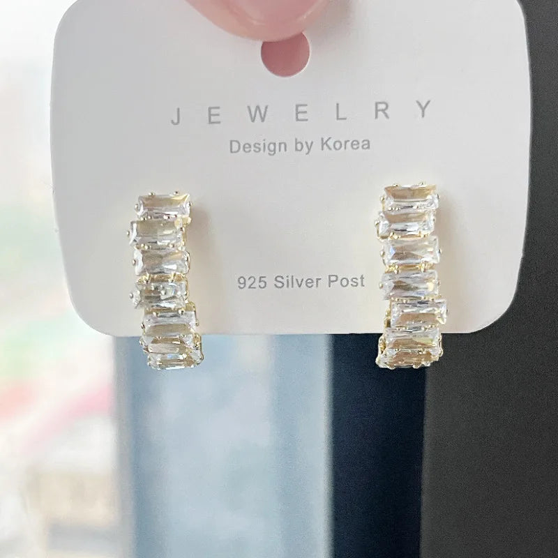 Exquisite C-Shape Stud Earrings For Women Shining CZ Zircon Hollow Out Design Big Wedding Earring Girl Temperament Jewelry