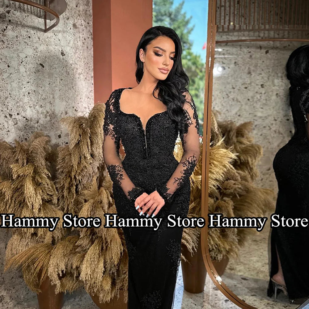 Sexy Mermaid Evening Dress Mermaid Prom Gown Illusion Long Sleeves V Neck Beading Applique Black Party Dresses Vestidos Festa