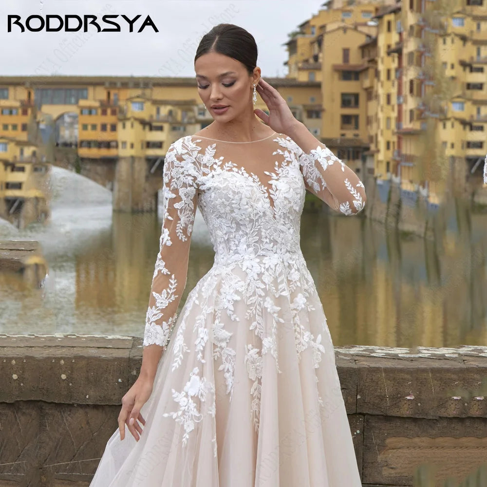 RODDRSYA O-Neck Long Sleeves Wedding Dress A-Line Tulle Illusion Back Bride Gowns Applique Custom Made Elegant Vestidos De Novia
