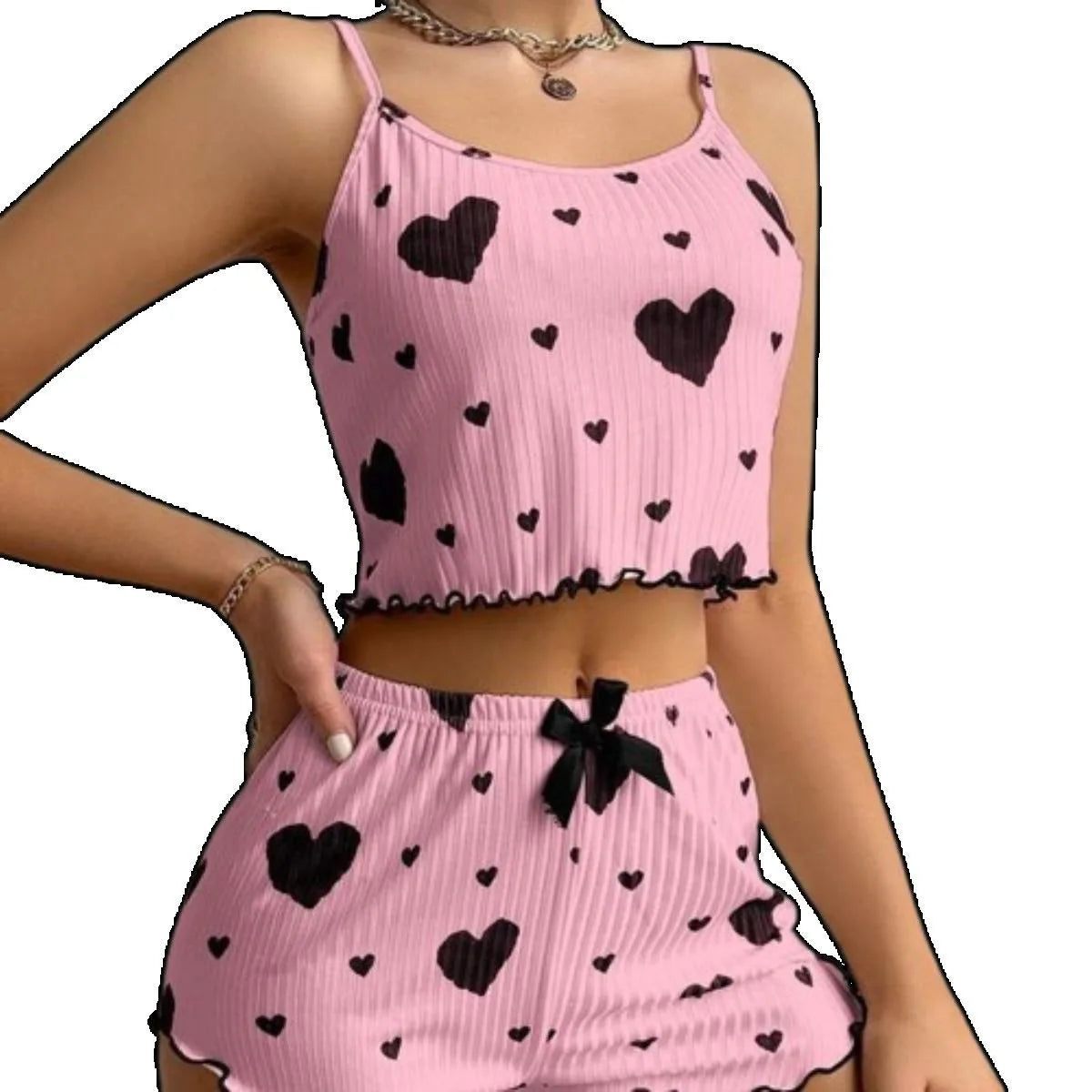 Women's Heart Print Home Clothes Suit Suspender Shorts Casual Female pajamas Lightweight Love 2PCS Sleepwear Fashion Nightwear