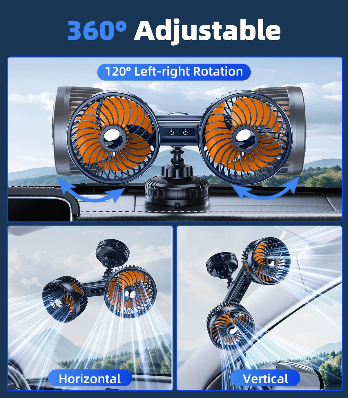 Eary Car Suction Cup Dual-Head Fan 12V/24V 360°Rotatable with 4000mAh Battery 3 Speed Wind Universal Electric for Truck Van Suv