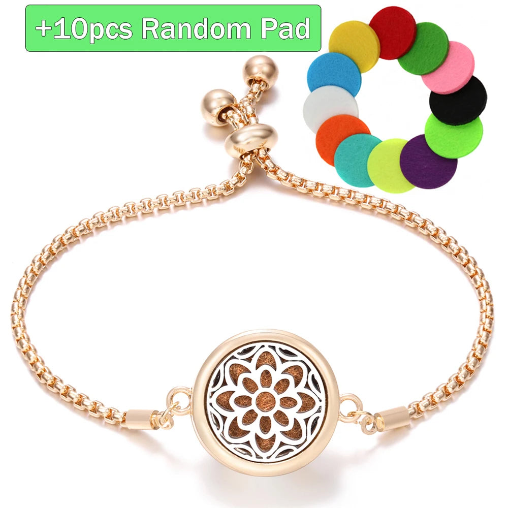 New Trendy Golden Tree of Life Stainless Steel Aromatherapy Bangle Women Essential Oil Diffuser Perfume Lockets Bracelet Jewelry
