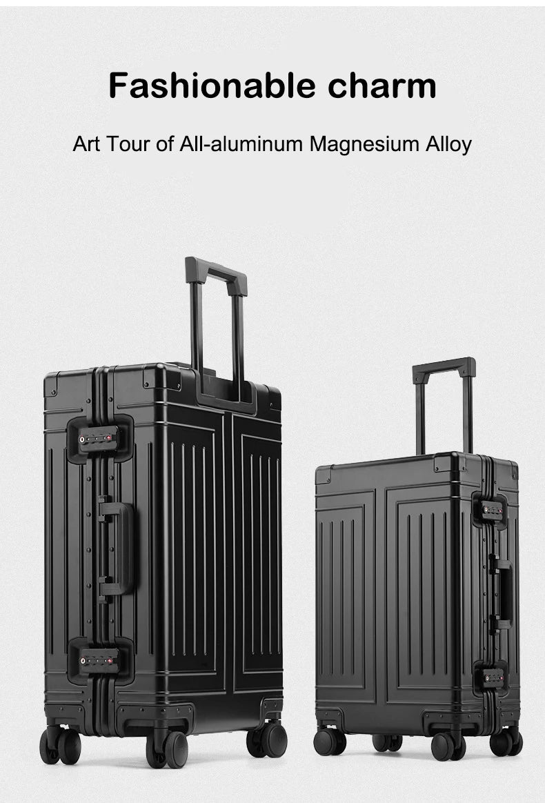 100% Aluminum-magnesium Alloy Travel Suitcase Rolling Luggage 20/24/28 inch Trolley Luggage Carry-On Cabin Suitcase Bag TSA Lock