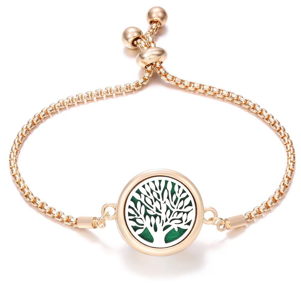 New Trendy Golden Tree of Life Stainless Steel Aromatherapy Bangle Women Essential Oil Diffuser Perfume Lockets Bracelet Jewelry