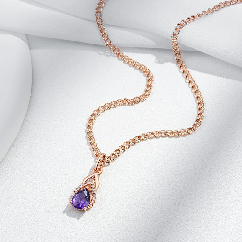 Kinel Sparkling Purple Water Drop Natural Zircon Pendant Necklace for Women 585 Rose Gold Color Vintage Party Fine Daily Jewelry